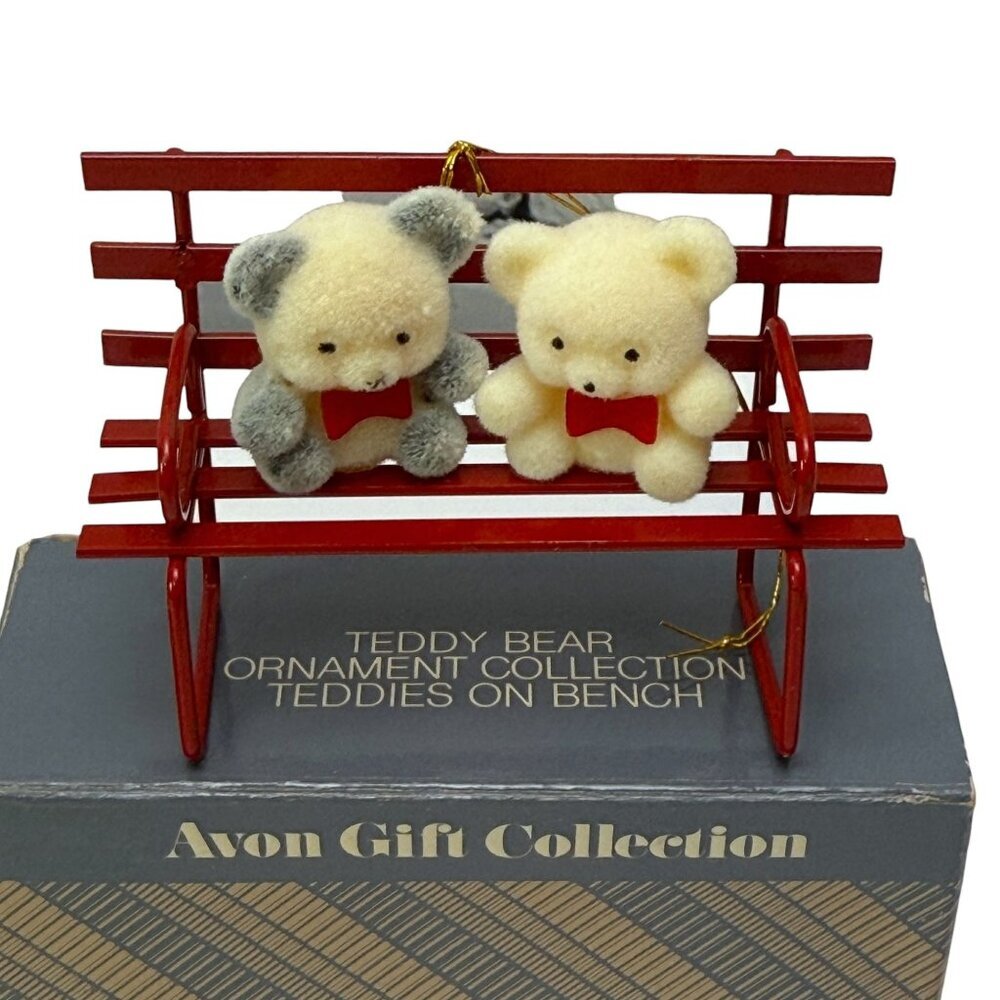 AVON Teddy Bears on Bench Vintage Christmas Ornament